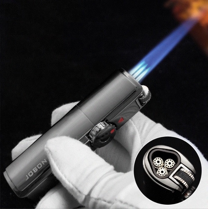 A Stylish Multi-functional  windowproof Straight Flame jet  lighter  Triple Torch Lighter with a Cigar Cutter