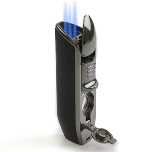 Portable  Windproof  Spray  3Jet Torch  lighter Refillable Butane Gas Cigars  Lighters  With Cigar Cutter