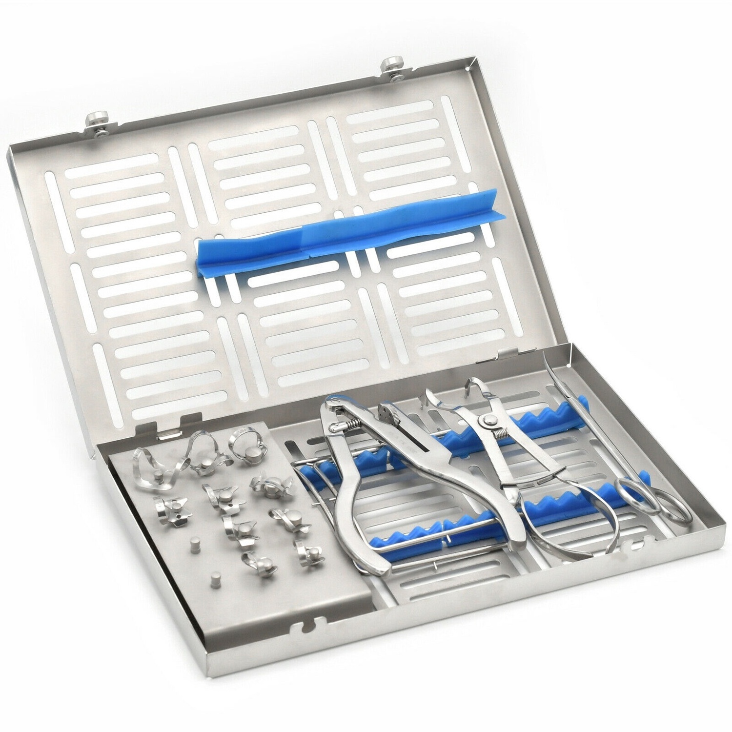 Dental Rubber Dam Kit with 12 Clamps ivory clamp forceps Ainsworth punch plier Rubber Dam Frame autoclavable  Sterilization Tray