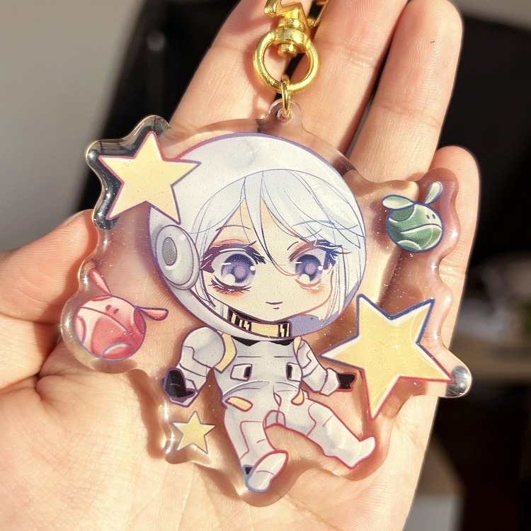 Custom Promotional Blank Kpop Designer Anime Character Kawaii Clear Resin Plastic Acrylic Printed Glitter Keychain in Bulk