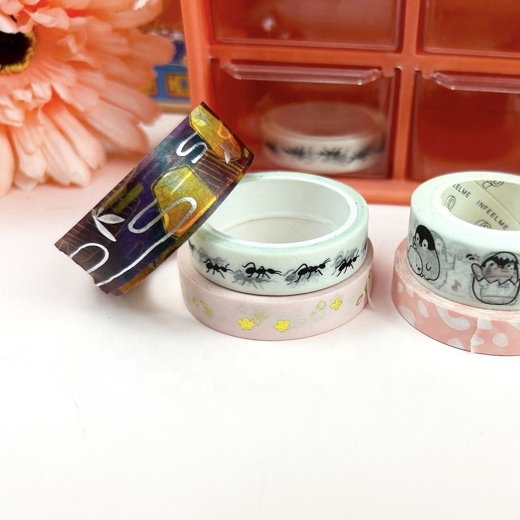 Custom Wholesale Washi Tape Printed Self Adhesive Kawaii Washi Masking Paper Tapes Foil Silver Washi Tape