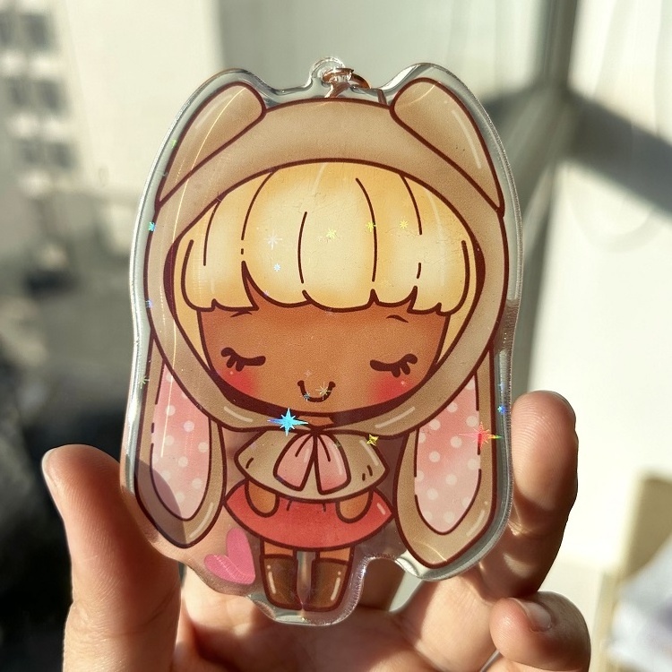 Custom Promotional Blank Kpop Designer Anime Character Kawaii Clear Resin Plastic Acrylic Printed Glitter Keychain in Bulk