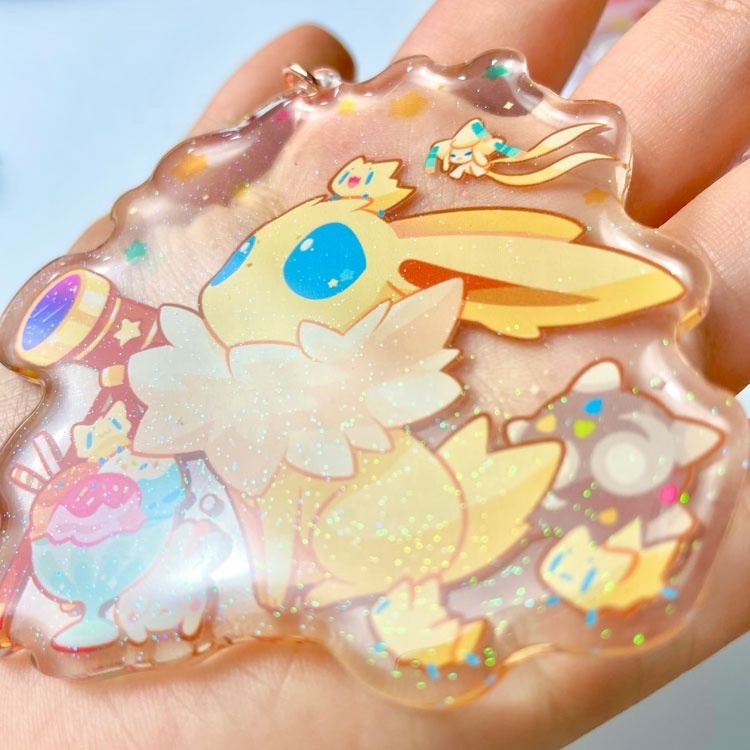 Custom Bulk Promotional Logo Cute Kawaii Cartoon Anime Clear Resin Glitter Acrylic Plastic Keychain Charm With Epoxy