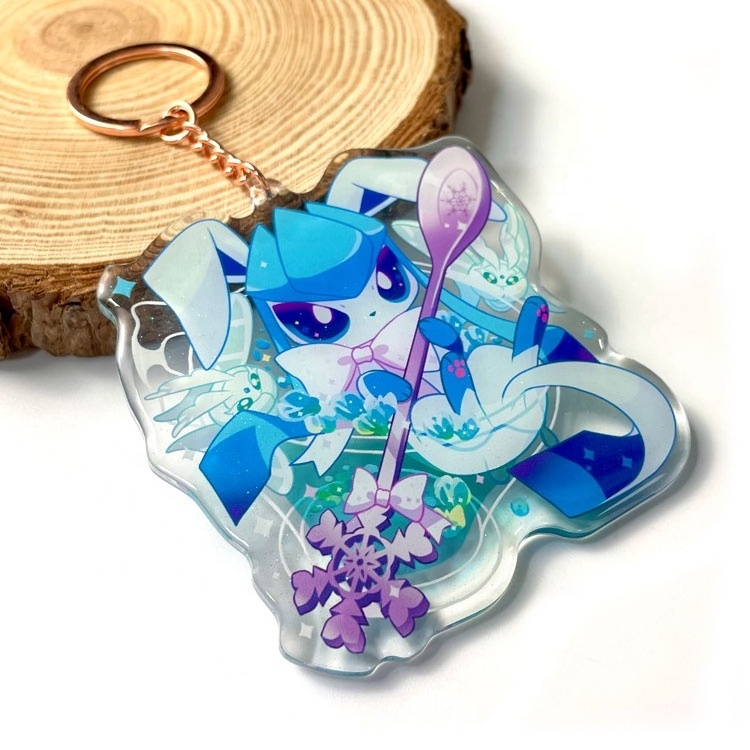 Custom Bulk Promotional Logo Cute Kawaii Cartoon Anime Clear Resin Glitter Acrylic Plastic Keychain Charm With Epoxy