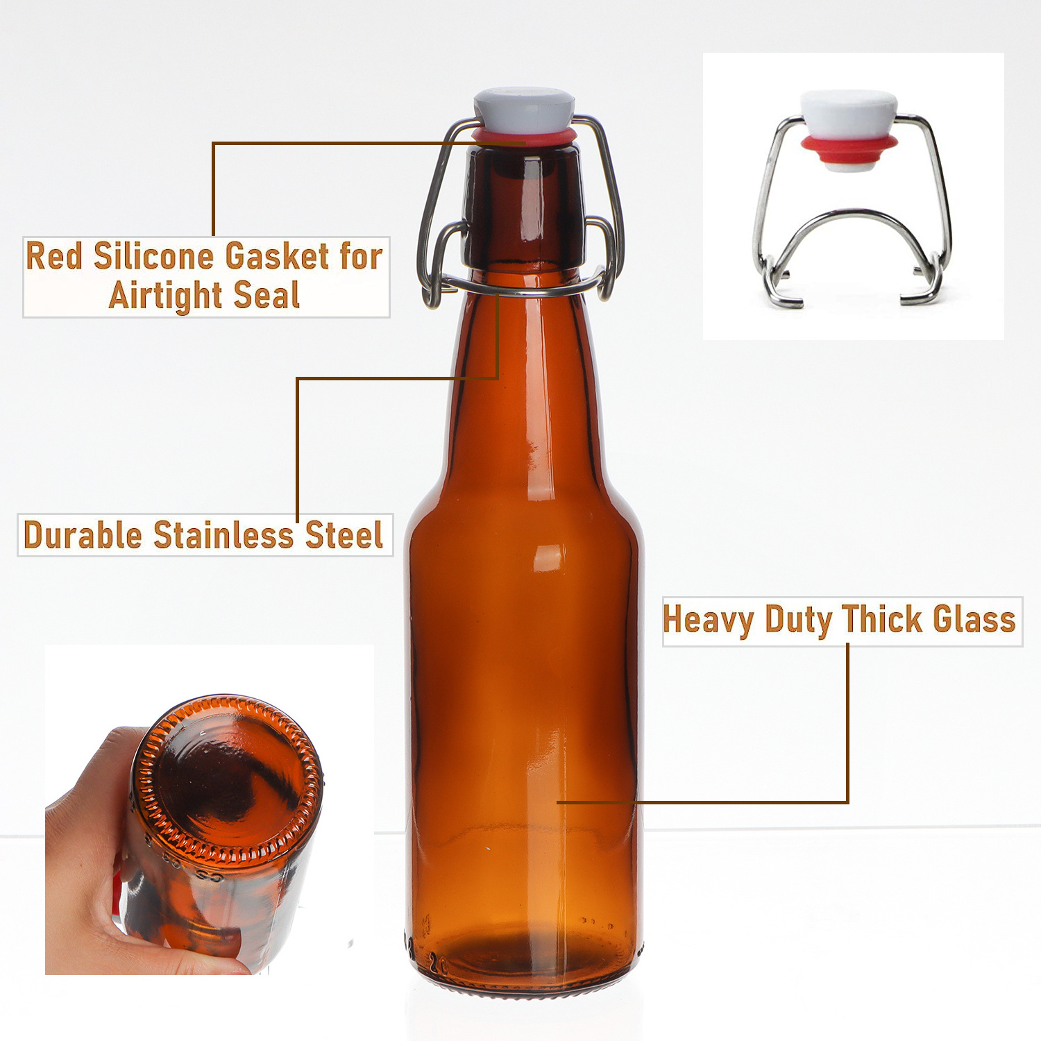 Home Brewing Glass Airtight Rubber Seal Amber 16 oz empty clear 500ml 330ml swing top Beer Glass Bottle with Easy Wire Swing Cap