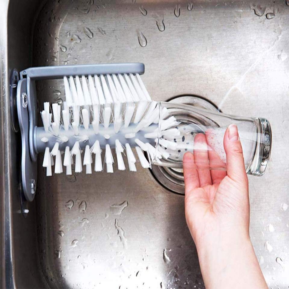 Glass Washer with Double Sided Bristle Brush Glass Cup Brush Cleaner with Suction Cups Wine Glass Kitchen Sink Home Tools