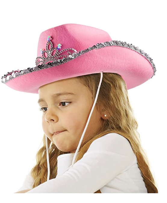 Sequin Edge Felt Cowgirl Hat Princess Party Led Light Up Country Western Pink Cowboy Hat With Crown Tiara