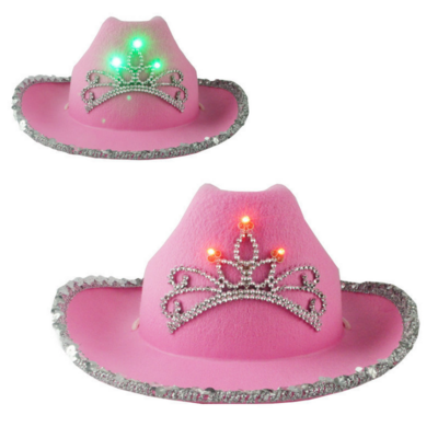 Sequin Edge Felt Cowgirl Hat Princess Party Led Light Up Country Western Pink Cowboy Hat With Crown Tiara