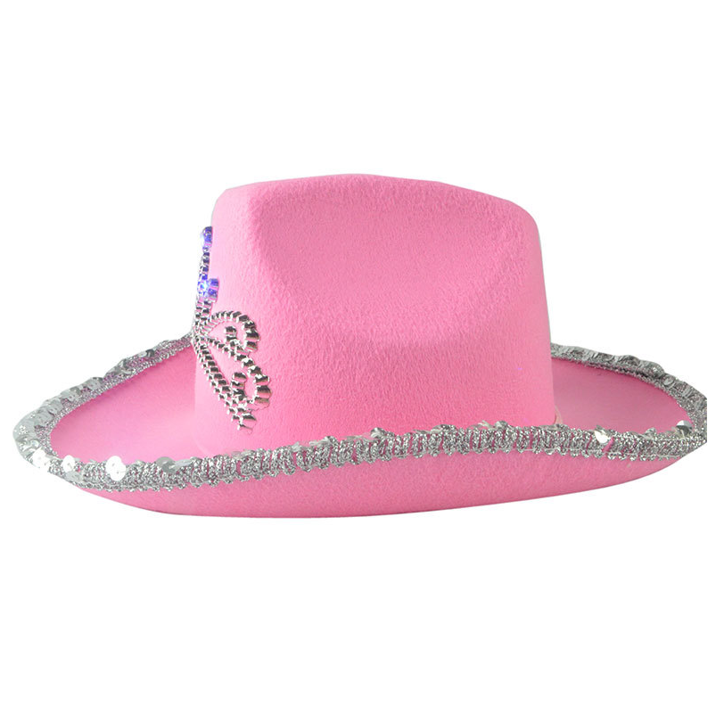 Sequin Edge Felt Cowgirl Hat Princess Party Led Light Up Country Western Pink Cowboy Hat With Crown Tiara