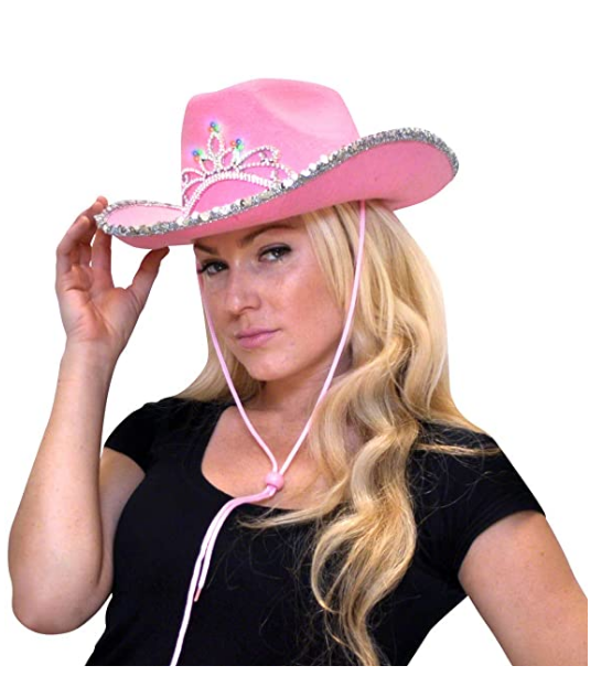 Sequin Edge Felt Cowgirl Hat Princess Party Led Light Up Country Western Pink Cowboy Hat With Crown Tiara