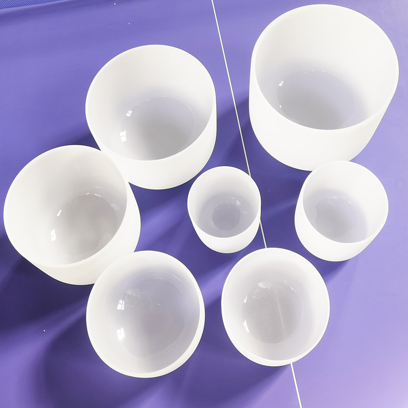 Chakra Tuned Set of 7 Gem Fused Frosted Quartz Crystal Singing Bowls 6''-12'' Frosted Crystal Singing Bowl