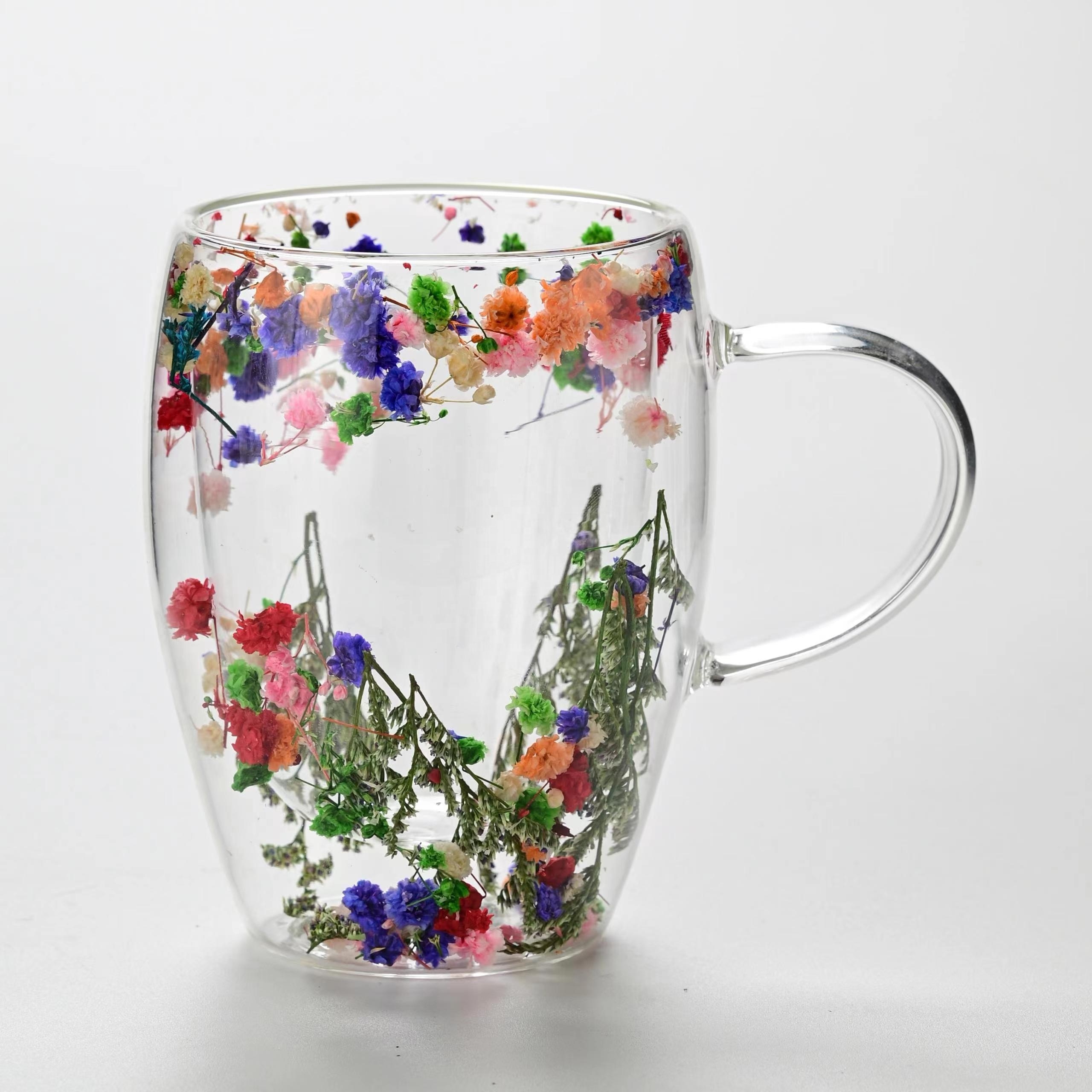 Manufacturers custom High Borosilicate double wall glass coffee cup with dry flower Glass Coffee Cups with handle lass mug