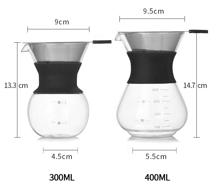 Pour Over Coffee Maker Set with Reusable Stainless Steel Drip Filter Elegant Coffee Dripper Pot Glass Carafe