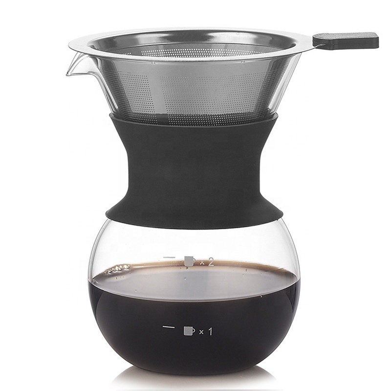 Pour Over Coffee Maker Set with Reusable Stainless Steel Drip Filter Elegant Coffee Dripper Pot Glass Carafe