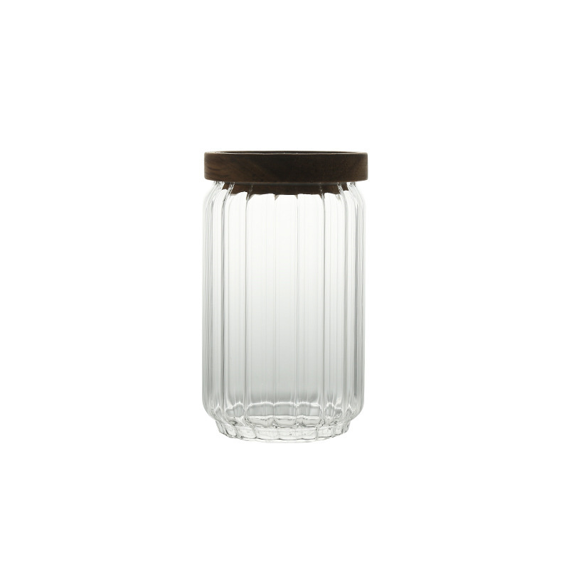 Customized full sizes High borosilicate Glass airtight storage jar with Acacia lid vertical stripe glass