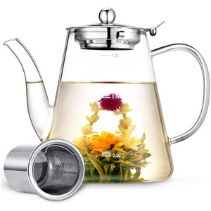 Glass Teapot 1200ml Teapot with Removable Loose Tea Infuser Borosilicate Glass Tea Pot with Scale Line Stovetop Safe Tea Kettle