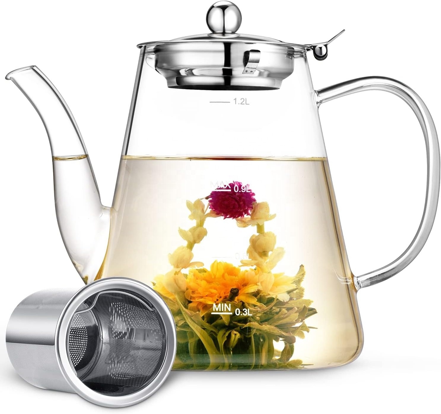 Borosilicate Glass Teapot with Stainless Steel Infuser 950ml Stovetop Safe Flowering Tea Maker Loose Tea Brewer