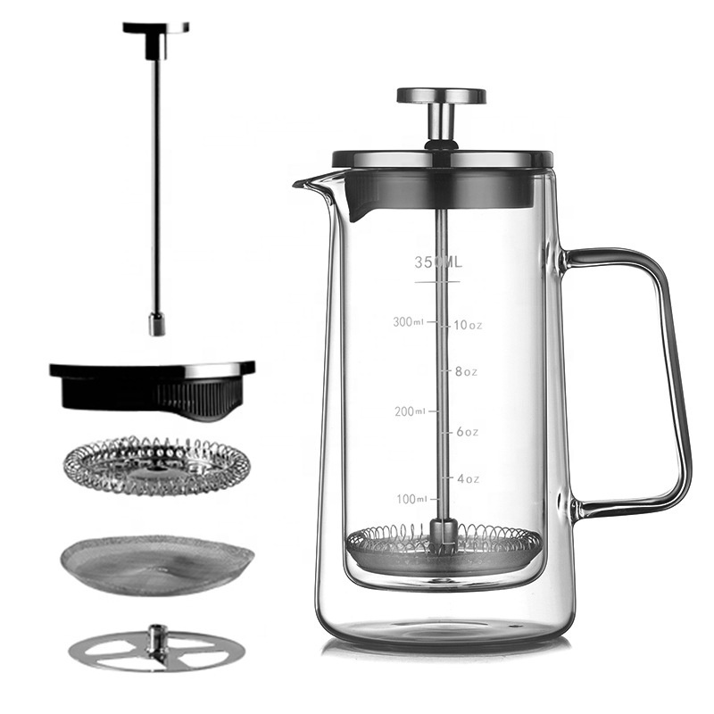 French Press Coffee Maker & Camping Coffee Pot Double Wall Insulated Borosilicate Glass Tea & Coffee Press Stainless Steel lid