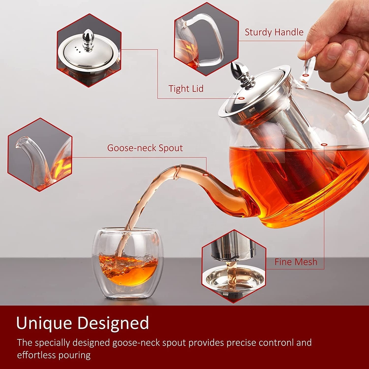 VATTI Complete tea Set Glass Tea pot Infuser 4 Insulated Glass cups Stovetop Safe Kettle glass tea service set