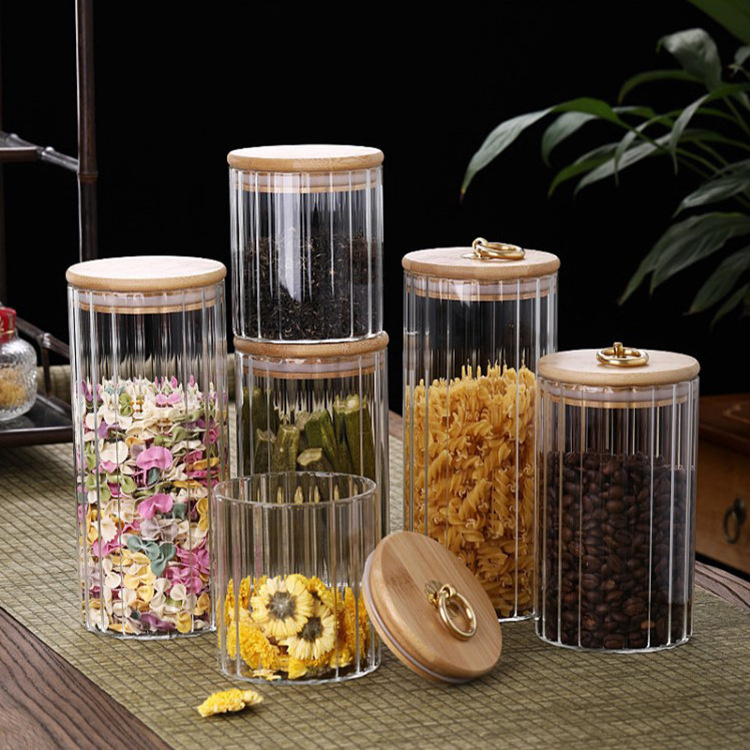 Customized full sizes High borosilicate Glass airtight storage jar with Acacia lid vertical stripe glass