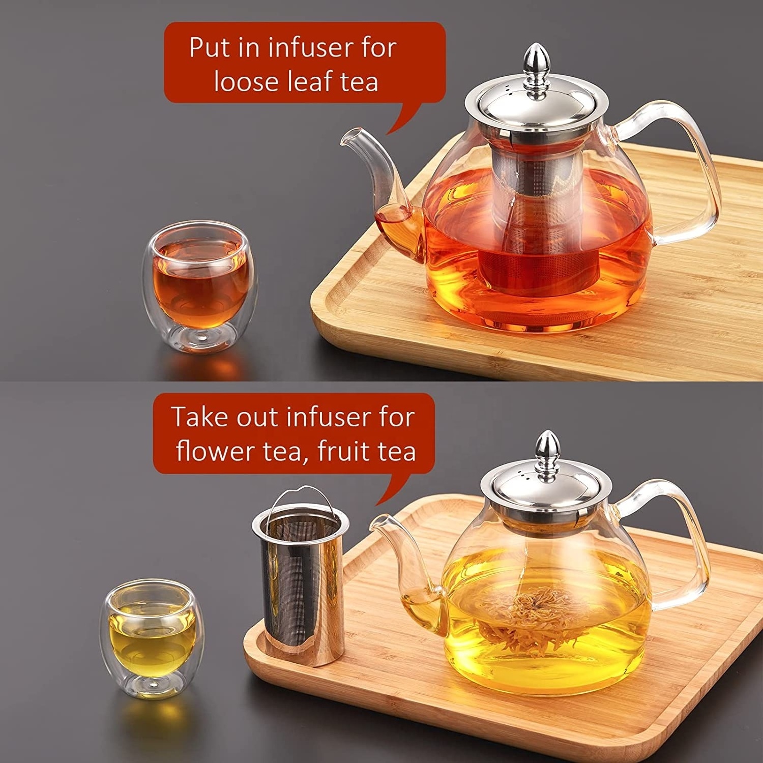 VATTI Complete tea Set Glass Tea pot Infuser 4 Insulated Glass cups Stovetop Safe Kettle glass tea service set