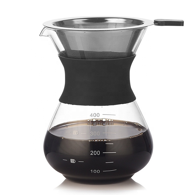 Pour Over Coffee Maker Set with Reusable Stainless Steel Drip Filter Elegant Coffee Dripper Pot Glass Carafe