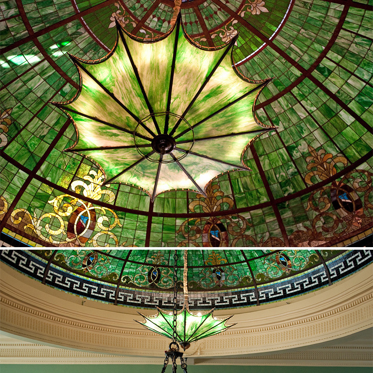 Tiffany Stained Glass Dome Ceiling and Matched  Light Fixture In The Courtroom Handmade Mosaic Stained Glass Ceiling Dome Roof