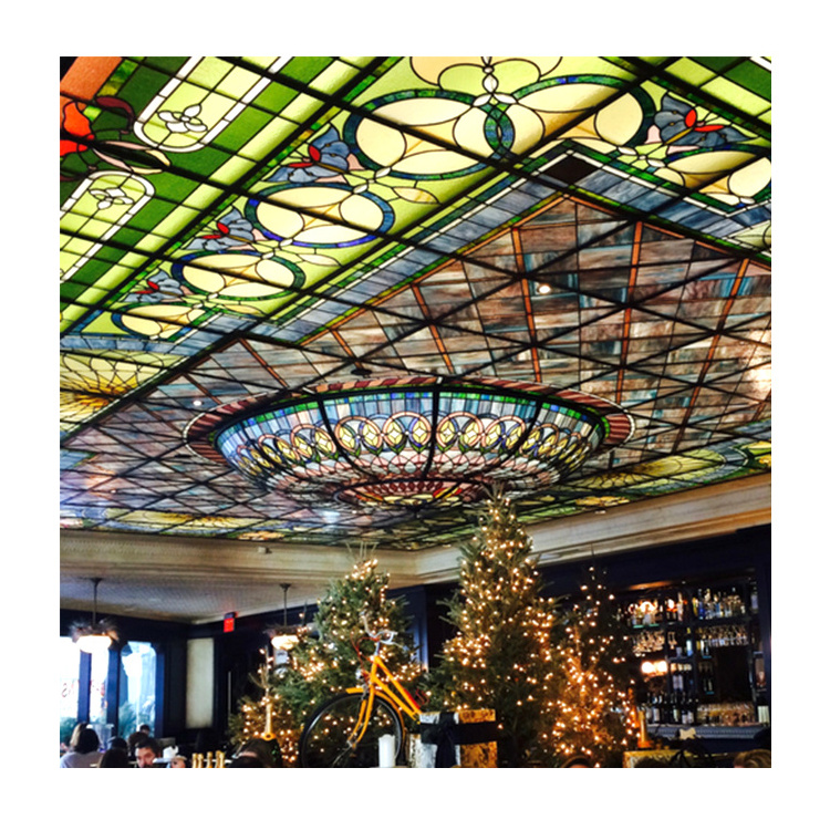 Art Stained Glass Ceiling With Center Two Tier Inverted Dome Skylight Backlit With Multicolored Artificial Light For Ballroom