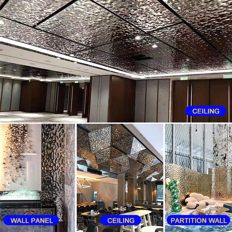 3D Mirror Cast Glass Ceiling Panel 5mm 8mm Hot Plating Kiln Cast Glass Eco-friendly Recycled Decorative Hot Melt Glass Ceiling