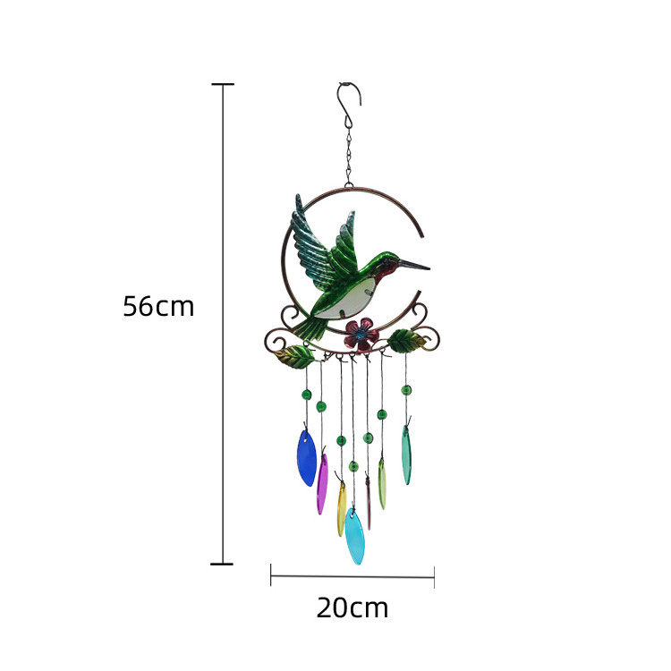 Hummingbird Metal Wind Chimes Stained Fused Glass Pendants Embossed Fused Glass & Paint Spraying Wrought Iron Art Windchime