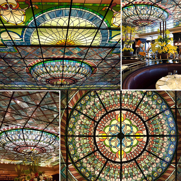 Art Stained Glass Ceiling With Center Two Tier Inverted Dome Skylight Backlit With Multicolored Artificial Light For Ballroom