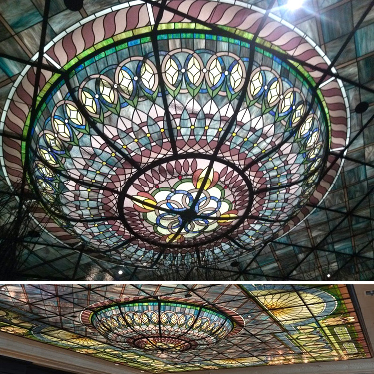 Art Stained Glass Ceiling With Center Two Tier Inverted Dome Skylight Backlit With Multicolored Artificial Light For Ballroom