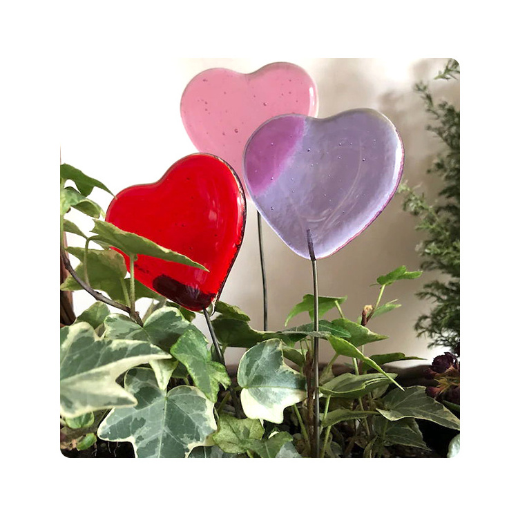 Pink Fused Glass Plant Stakes For Plant Pot Handmade Heart Fused Glass Home Wall Hanging Decoration With Wholesale Price