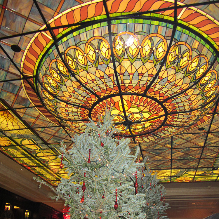 Art Stained Glass Ceiling With Center Two Tier Inverted Dome Skylight Backlit With Multicolored Artificial Light For Ballroom