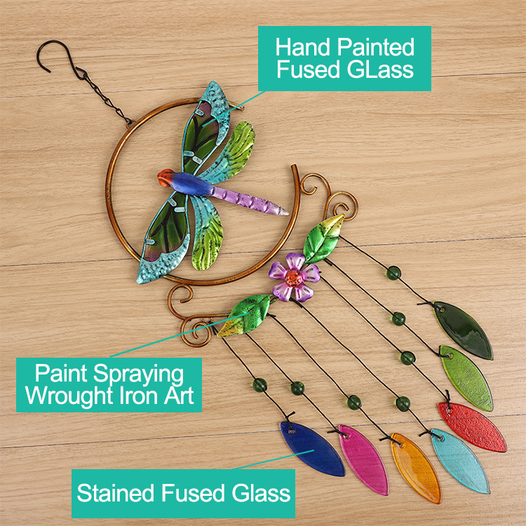 Hummingbird Metal Wind Chimes Stained Fused Glass Pendants Embossed Fused Glass & Paint Spraying Wrought Iron Art Windchime