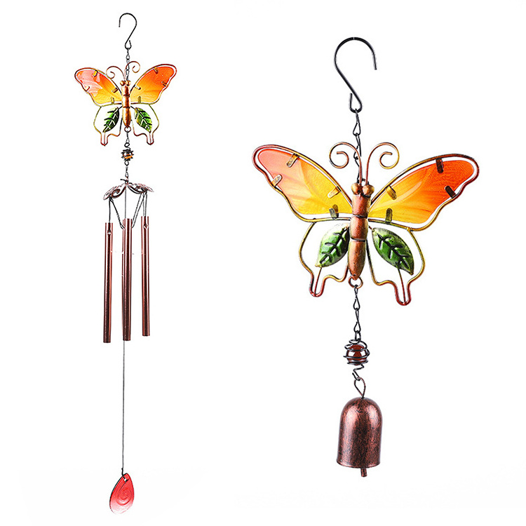 S Hook Hanging Wind Chime With Tinkle Bell Hand Painted Embossed Fused Glass & Paint Spraying Iron Art Windchime For Home Decor