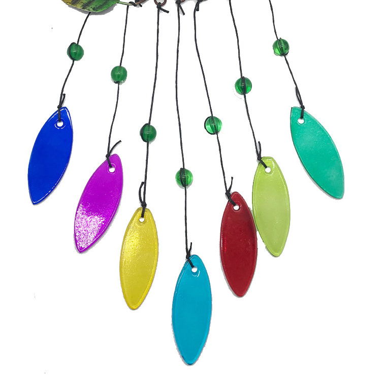 Hummingbird Metal Wind Chimes Stained Fused Glass Pendants Embossed Fused Glass & Paint Spraying Wrought Iron Art Windchime