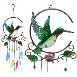 Hummingbird Metal Wind Chimes Stained Fused Glass Pendants Embossed Fused Glass & Paint Spraying Wrought Iron Art Windchime