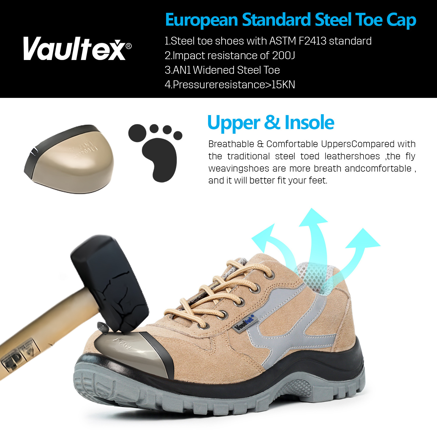 Vaultex Fashion Breathable Cow Suede Leather Puncture-resistant Safety Shoes Steel Toe Work Shoes Men Industrial Safety Footwear