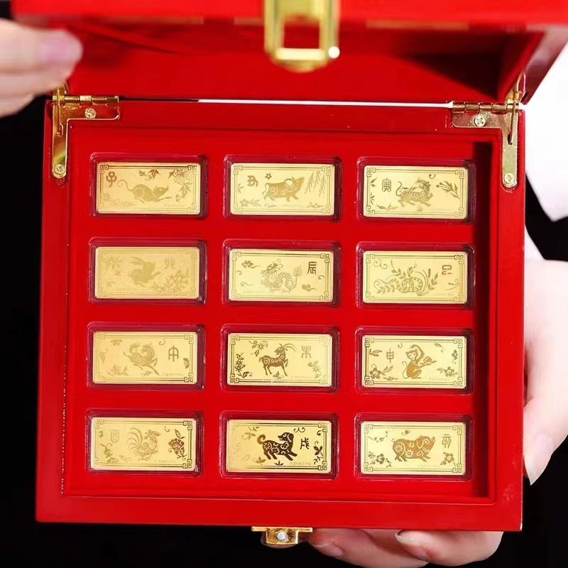 Luxury Fashion Real 999.9 Pure 24K Gold 12 Chinese Zodiacs Bars Bridal Engagement Wedding Fine Jewelry Gift Box