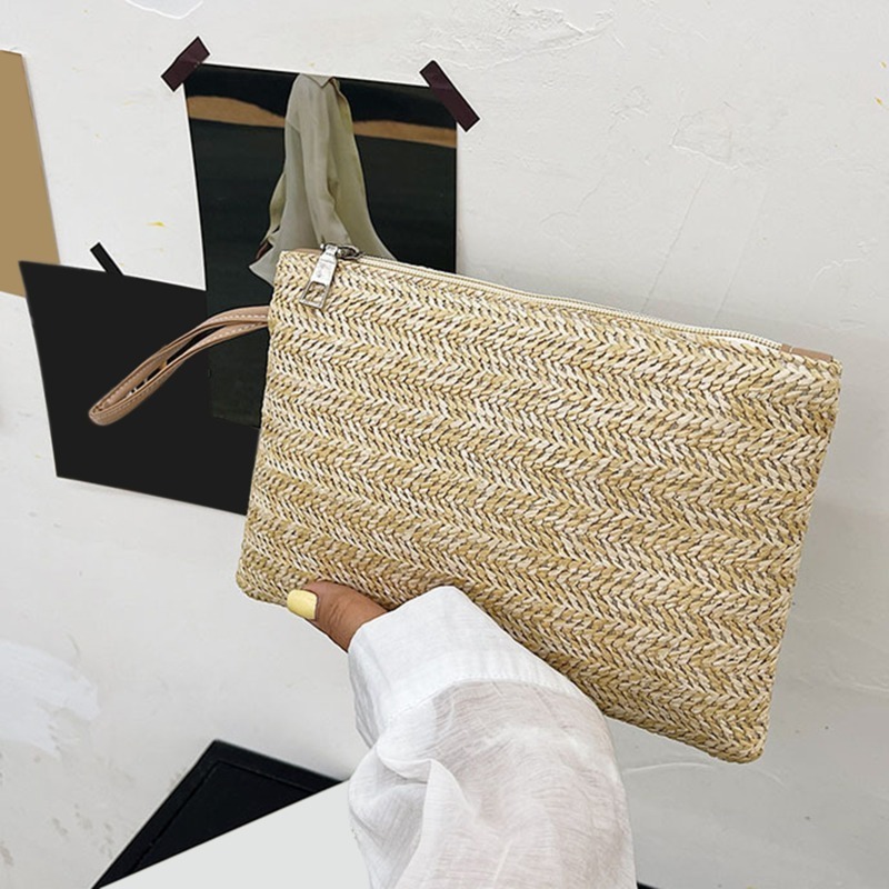 Bohemian Summer Beach Straw Purse Bags Zipper Wristlet Wallets Women Straw Clutch Bags