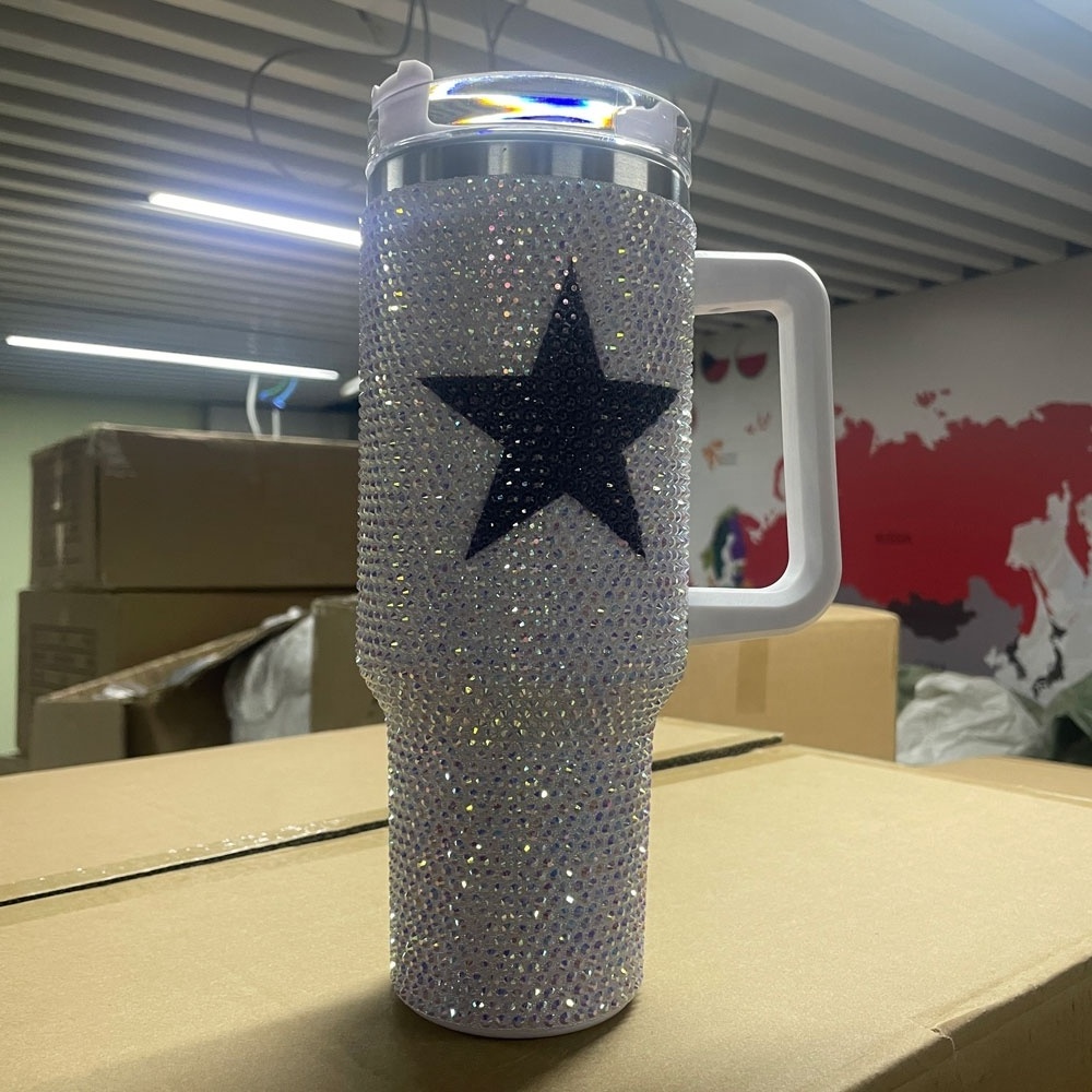 Navy Blue Cowboy Star Bling Rhinestone Tumbler 40oz Stainless Steel Tumbler With Handle And Straw 40oz Printed Tumbler