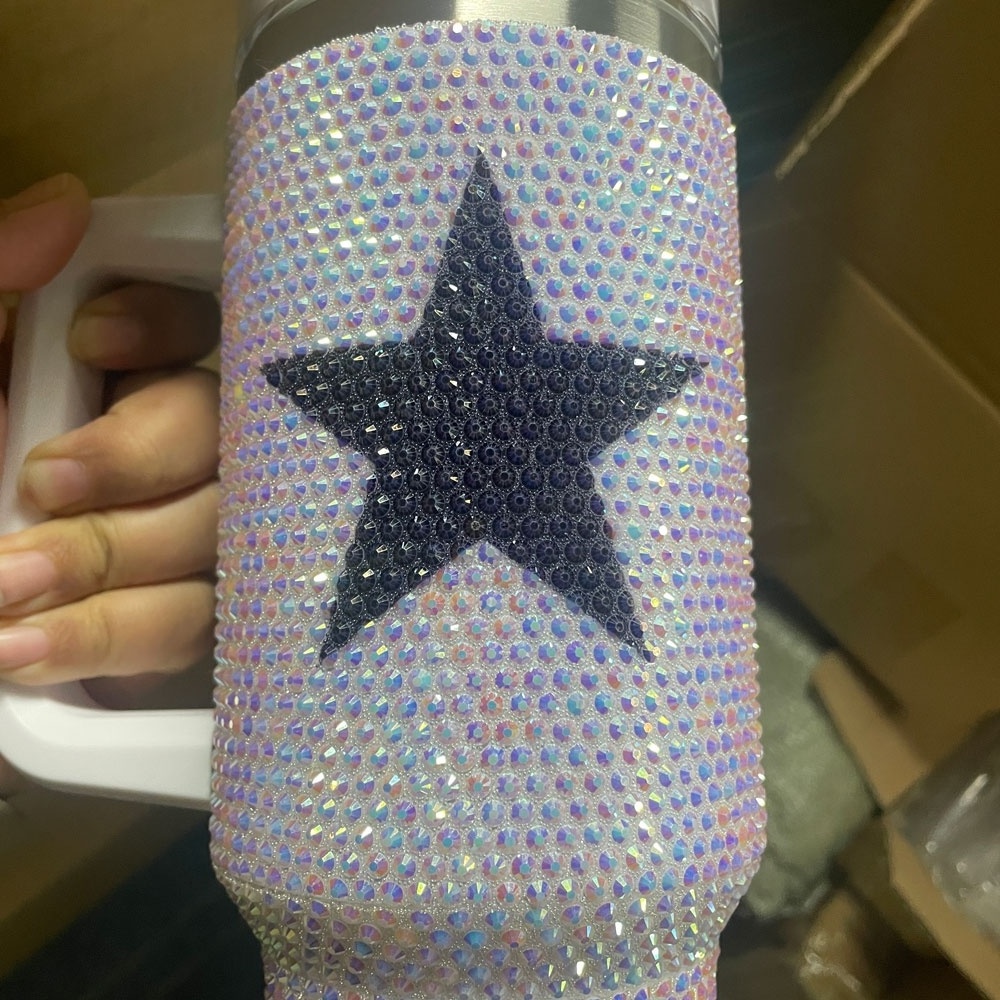 Navy Blue Cowboy Star Bling Rhinestone Tumbler 40oz Stainless Steel Tumbler With Handle And Straw 40oz Printed Tumbler