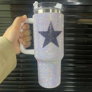 Navy Blue Cowboy Star Bling Rhinestone Tumbler 40oz Stainless Steel Tumbler With Handle And Straw 40oz Printed Tumbler