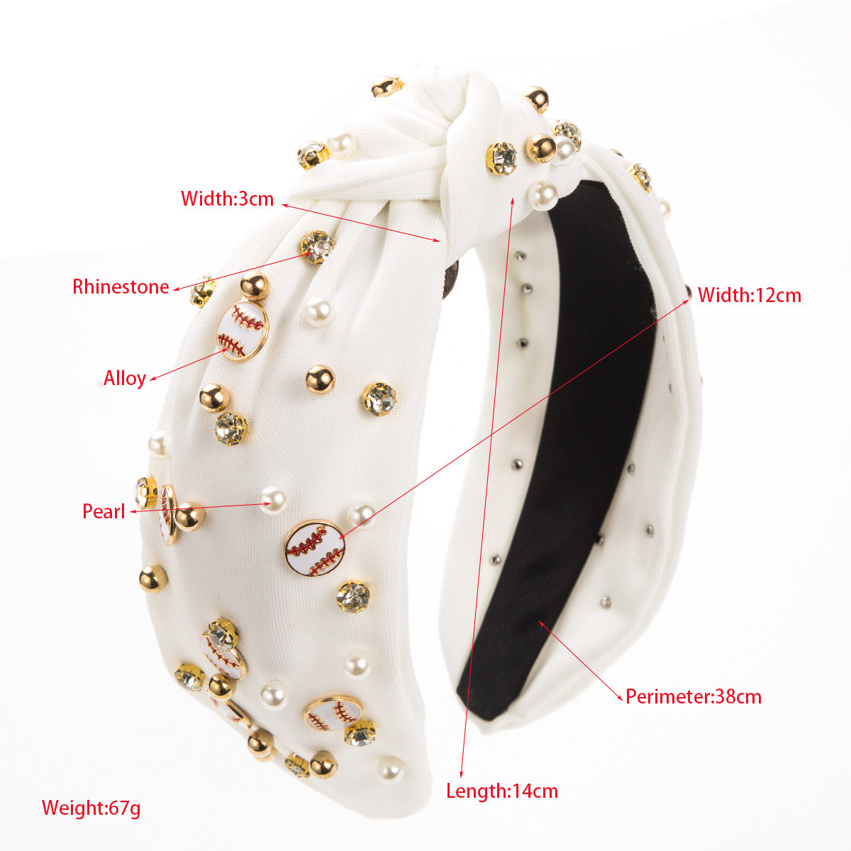 Game Day Party Trendy Wear Baseball Pearl Rhinestone Knotted Headband Simple Wide Edge Fabric Women's Hair Accessories Baseball