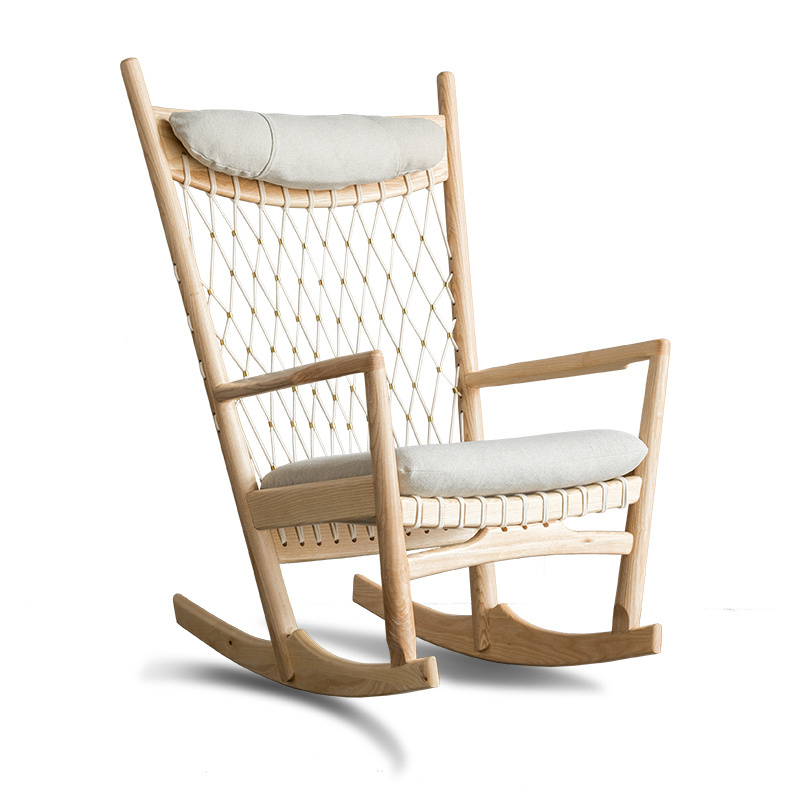 Modern wooden adult rattan rocking chair with footstool ottoman antique cane wood rattan lounge arm accent chair