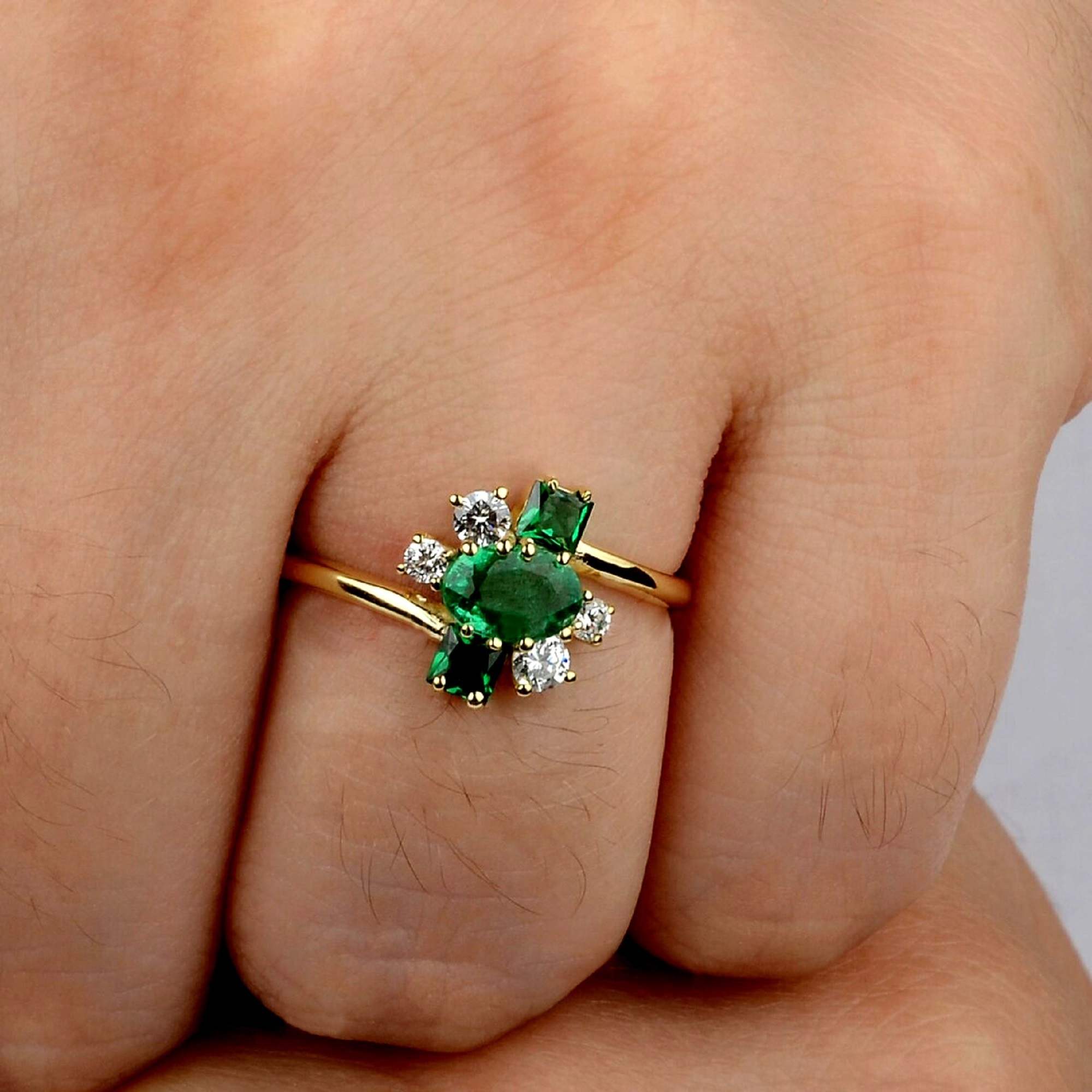 Genuine 1.25 Ct. Zambia Emerald Gemstone Diamond Cocktail Ring in Gold Plated Cluster Engagement Ring Handmade Jewelry