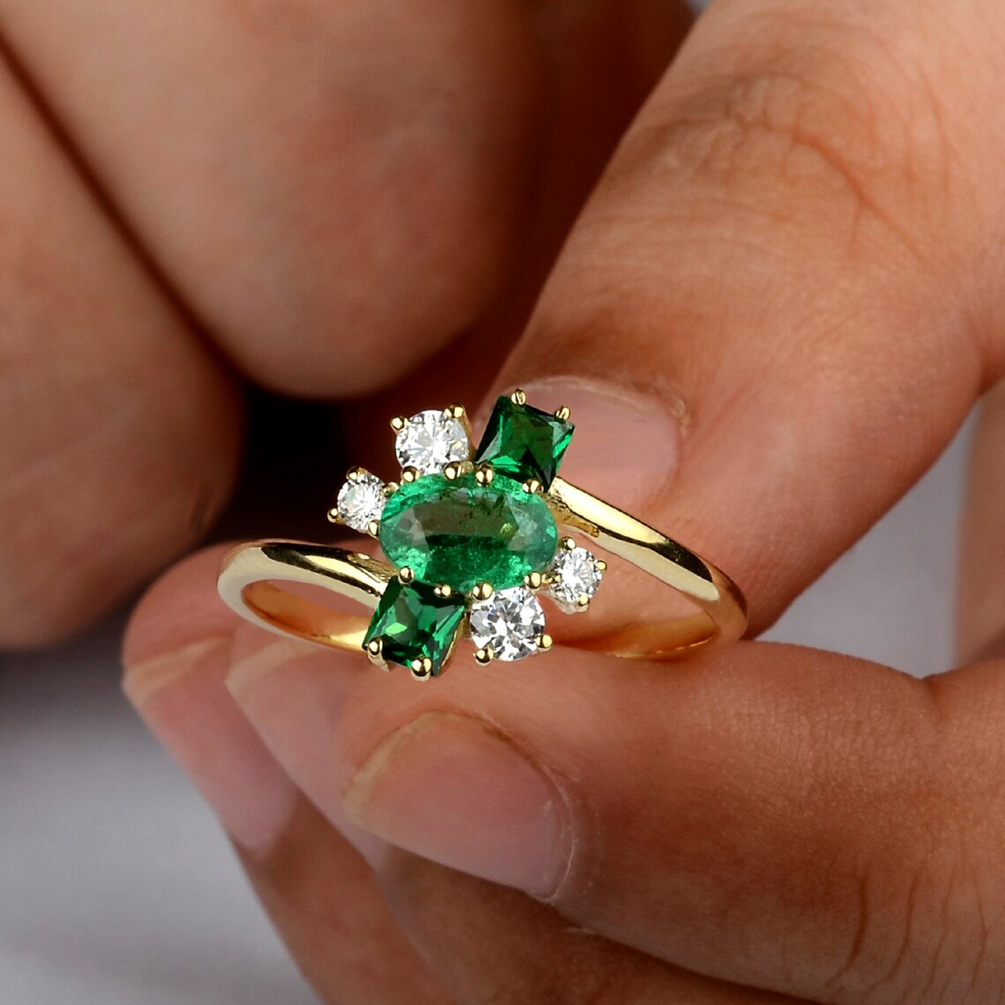 Genuine 1.25 Ct. Zambia Emerald Gemstone Diamond Cocktail Ring in Gold Plated Cluster Engagement Ring Handmade Jewelry