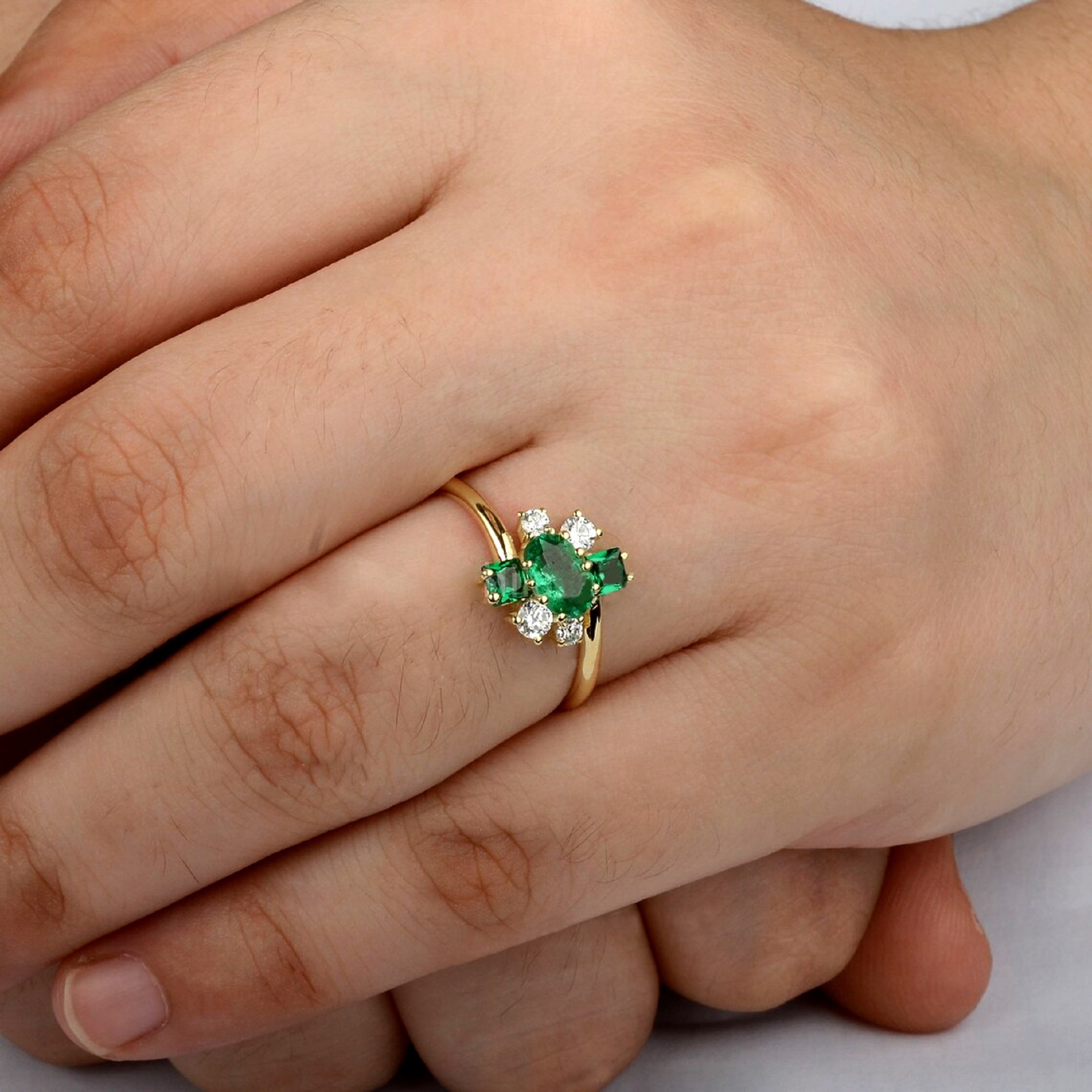 Genuine 1.25 Ct. Zambia Emerald Gemstone Diamond Cocktail Ring in Gold Plated Cluster Engagement Ring Handmade Jewelry