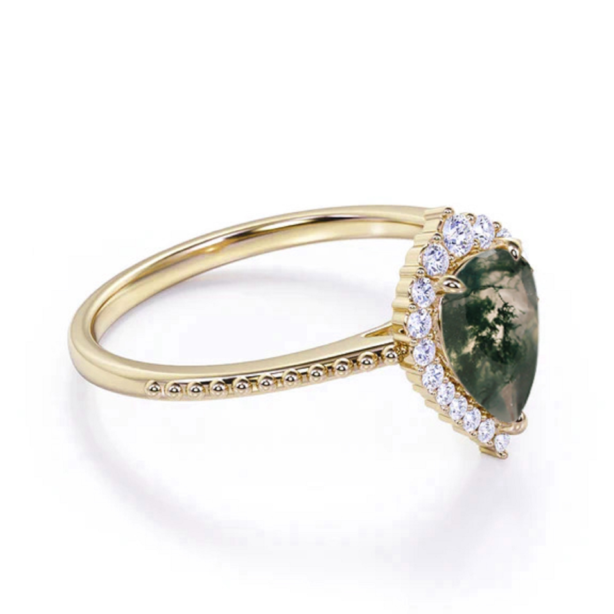 Custom Size Pear Brilliant Cut Moss Agate Loose Gemstone Ring D Color Moissanite Cluster Fine Jewelry 18k Pure Gold Halo Rings